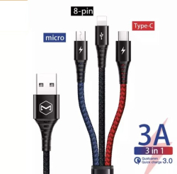 Opletený nabíjací kábel 3v1 USB-C, Lightning, MicroUSB na nabíjanie až 3 telefónov súčasne